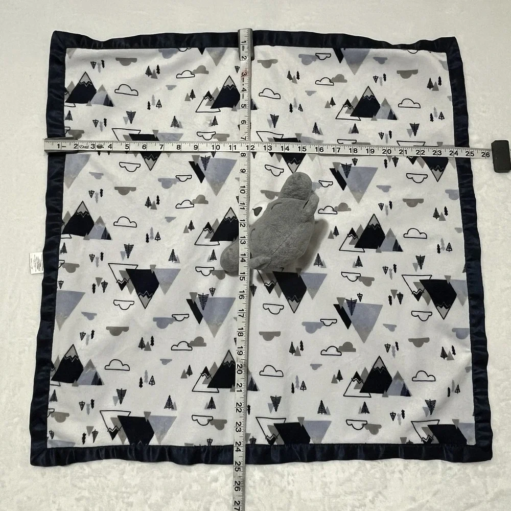 Just Born Sleeping Bear Lovey Blanket Mountains Clouds Gray White Blue Satin 25